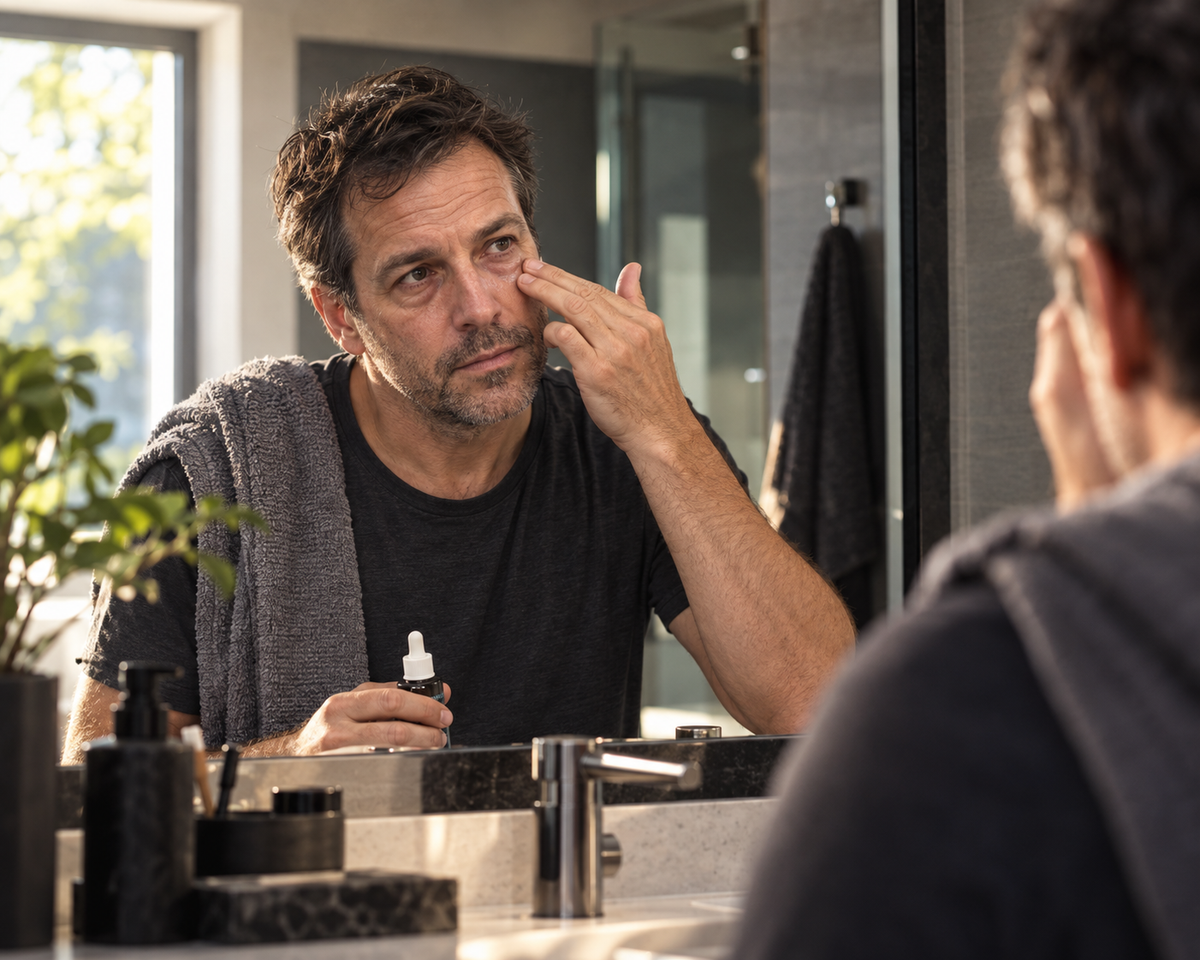 Man getting ready for the morning after a rough night
