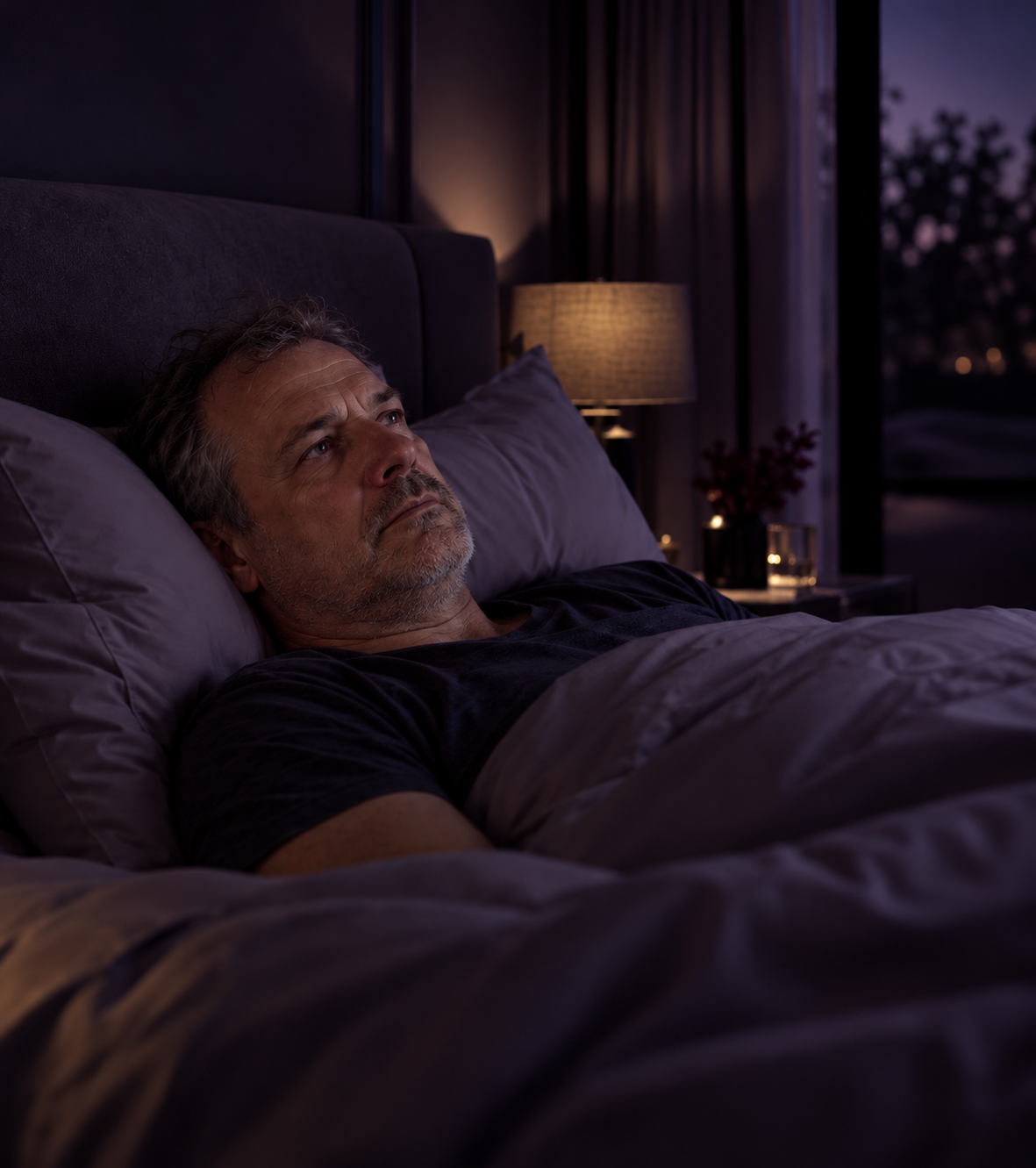 Middle-aged man awake in bed at night