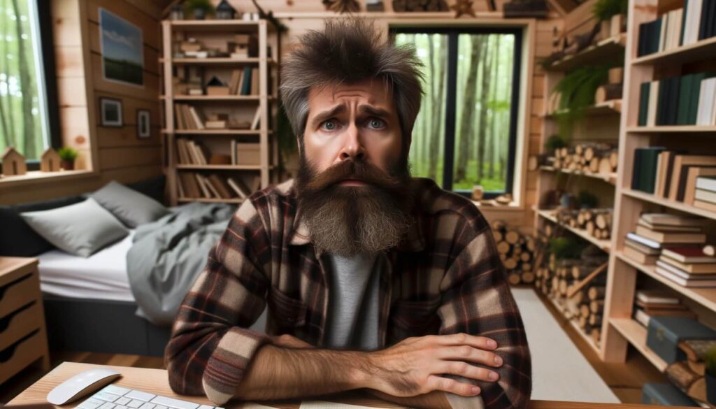 A stressed out lumberjack sitting at a desk in his bedroom