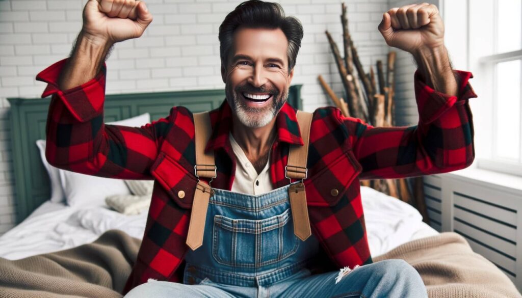 Confident lumberjack sitting on his bed