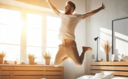 Happy man jumping on bed in morning