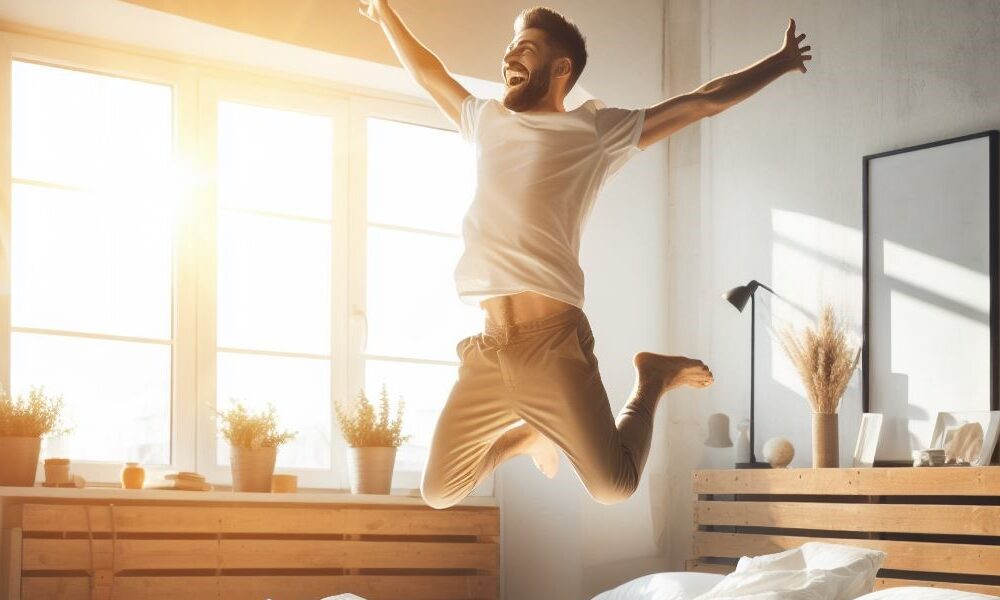 Happy man jumping on bed in morning