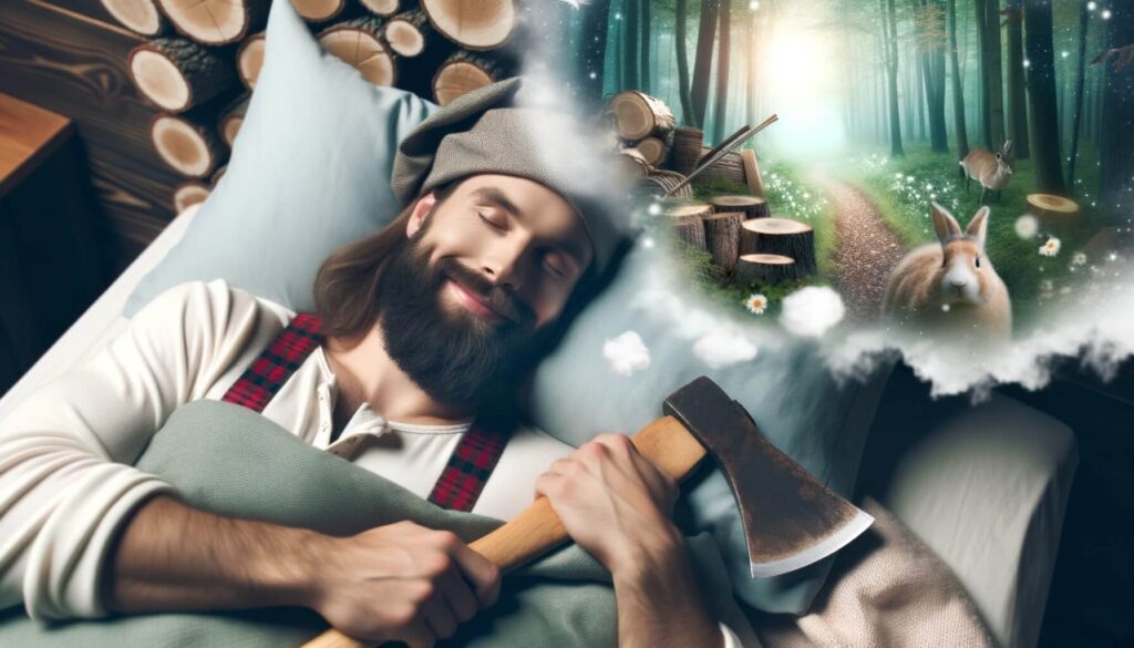 Lumberjack in REM sleep and having pleasant dreams