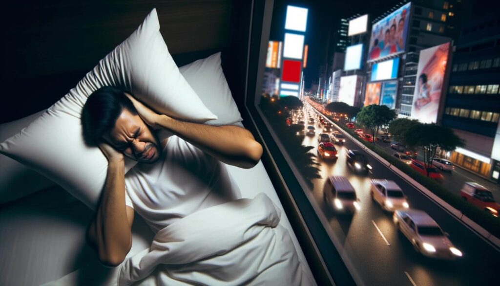 Man laying in bed but kept awake by loud noises of the city