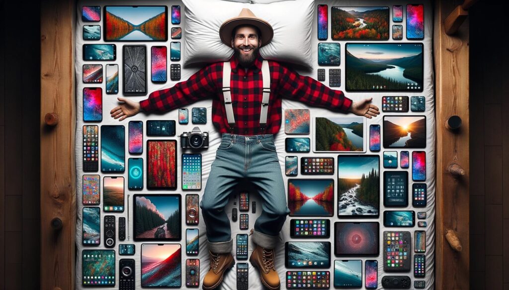 Man laying on a bed covered in technology gadgets