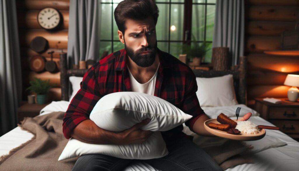 Man sitting on his bed trying to decide whether to sleep or eat