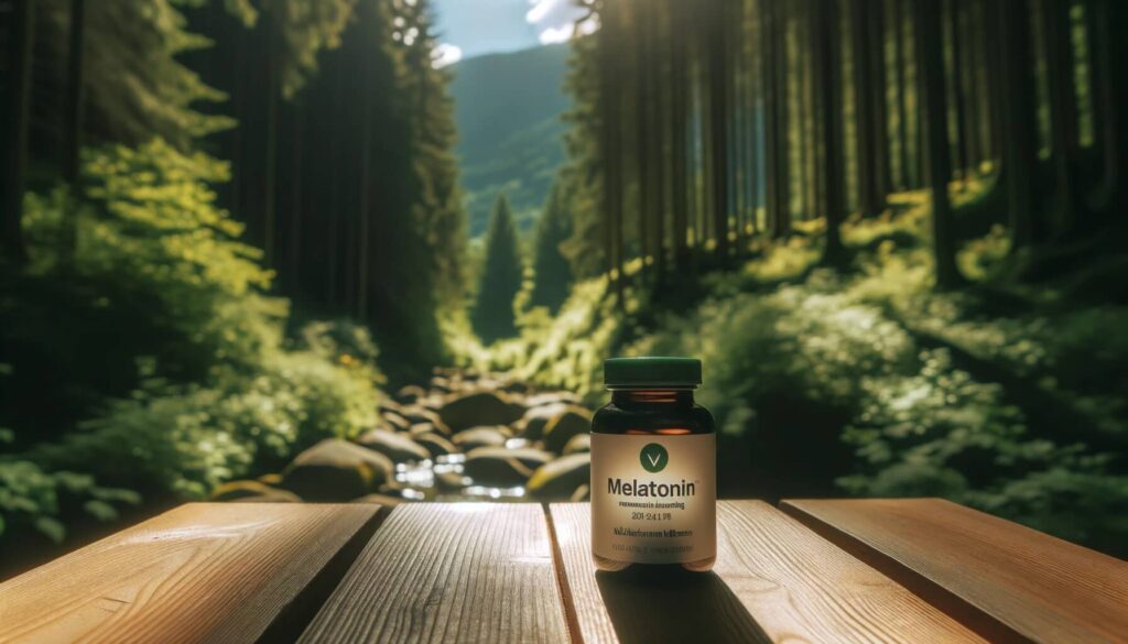 Bottle of melatonin on a picnic table