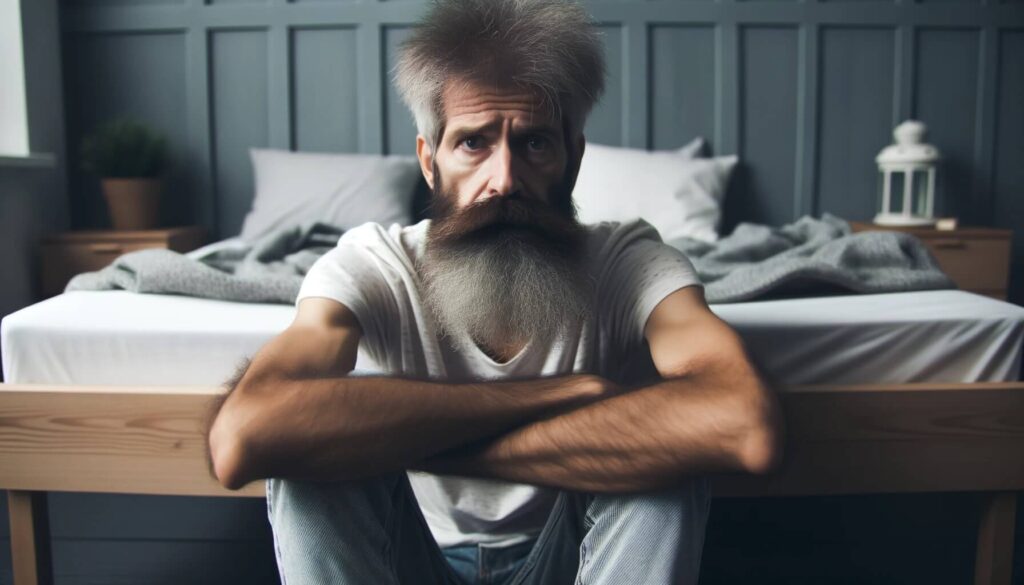 Tired old man sitting on the floor in his bedroom