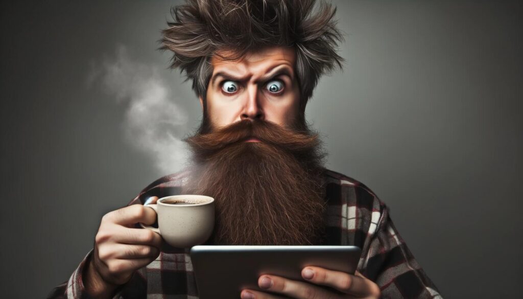 a lumberjack staring at a tablet and holding a cup of hot coffee