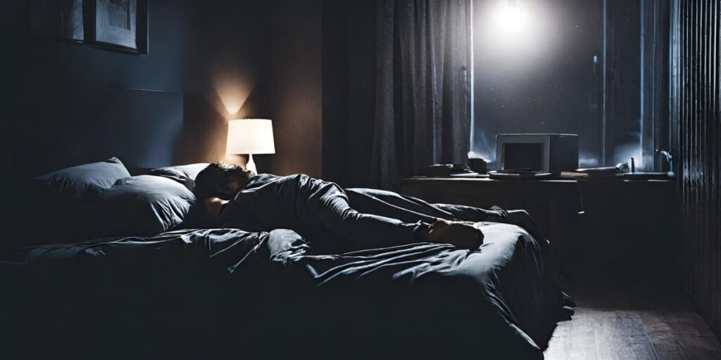 Man sleeping in bedroom with lamp on