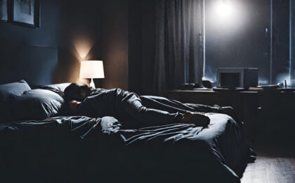 Man sleeping in bedroom with lamp on