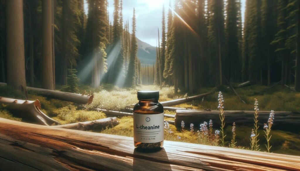 L-Theanine sleep supplement sitting on a log in the forest