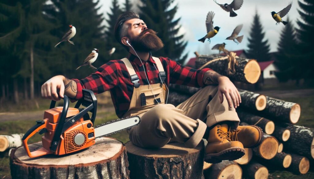 lumberjack focusing in the middle of noisy distractions