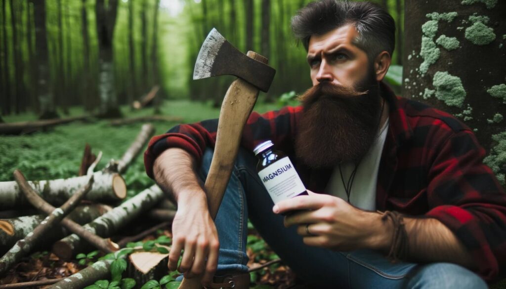 lumberjack sitting in the forest and holding a bottle of magnesium