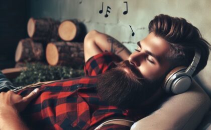 Lumberjack laying in bed and listening to headphones