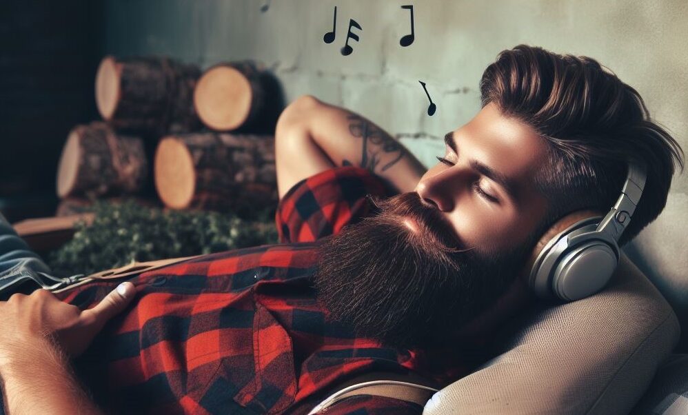 Lumberjack laying in bed and listening to headphones