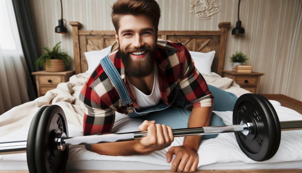 lumberjack man laying in bed and lifting a barbell