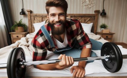 lumberjack man laying in bed and lifting a barbell