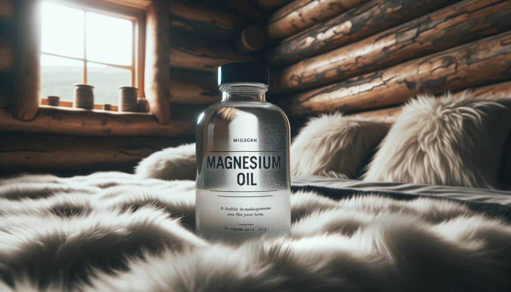 magnesium oil on a bed in a log cabin