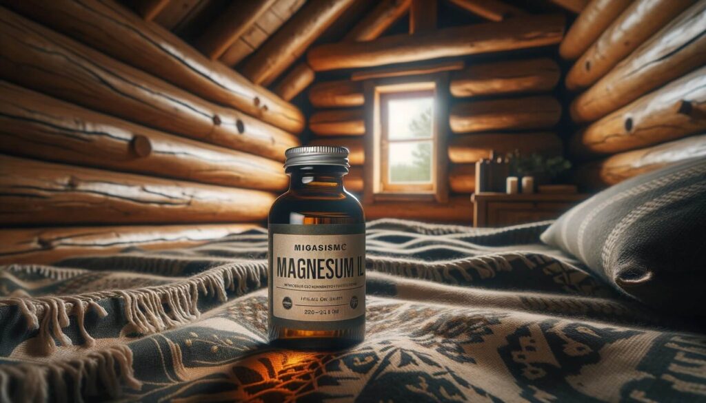 Bottle of magnesium oil for sleep in a log cabin bedroom