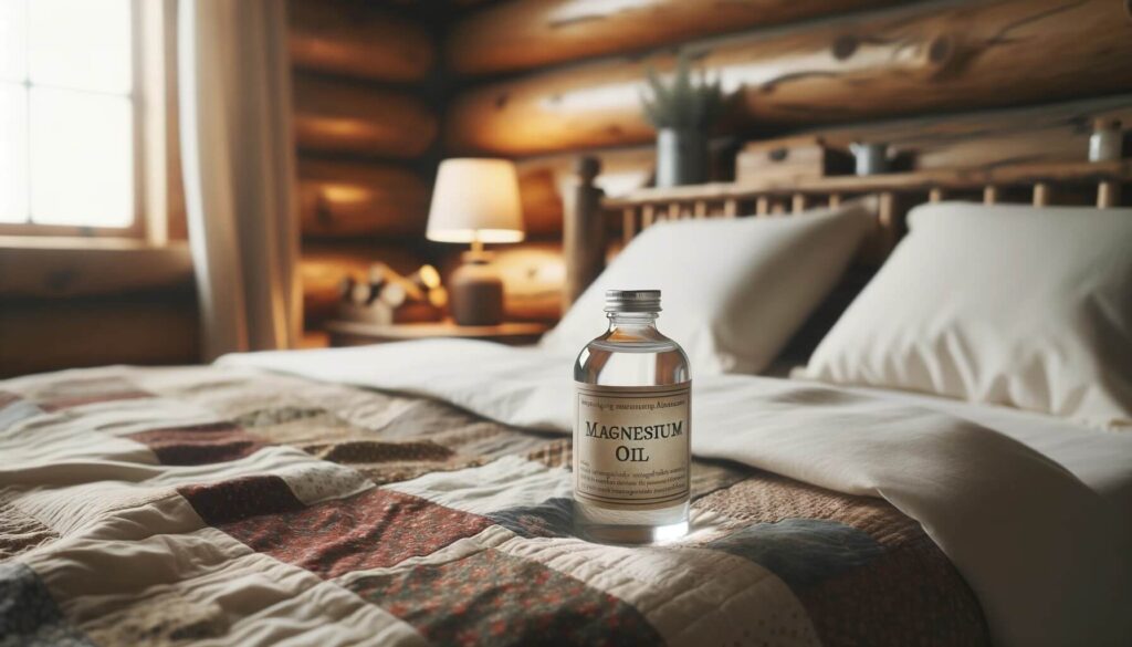 Bottle of magnesium oil for sleep on a bed in a log cabin