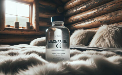 magnesium oil on a bed in a log cabin