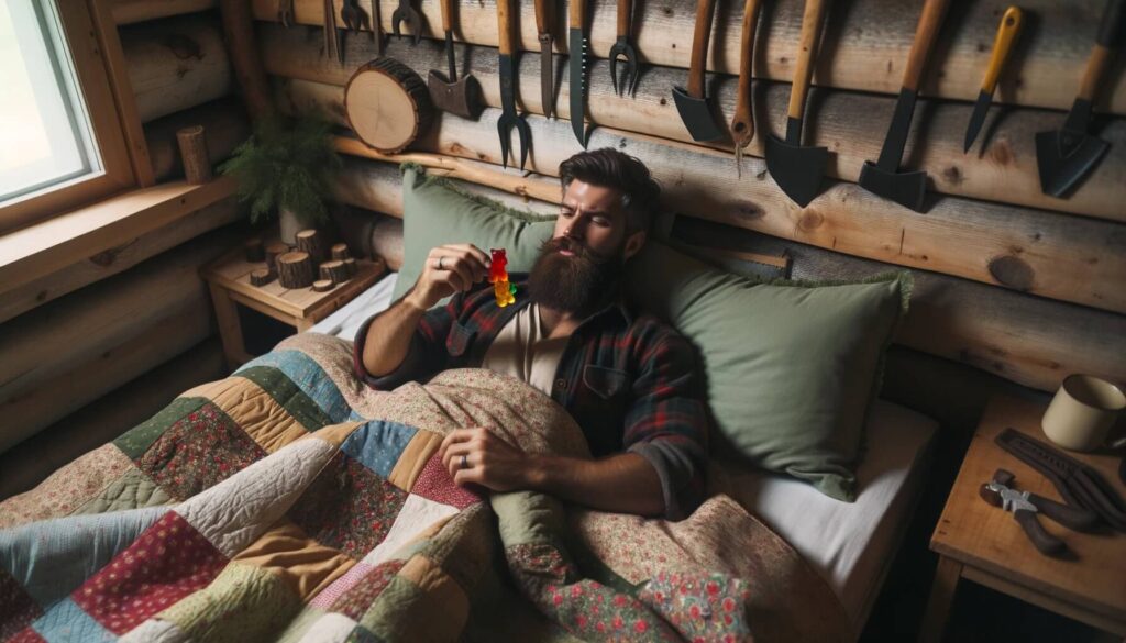 Man laying in his bed and considering magnesium sleep gummy