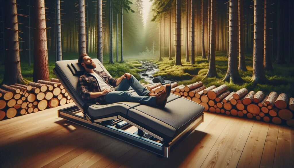 Man laying on an adjustable bed in the forest