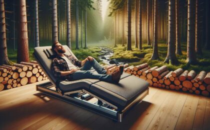 Man laying on an adjustable bed in the forest