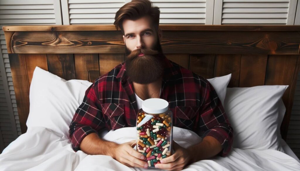 Man laying in bed holding large jar of sleep vitamins