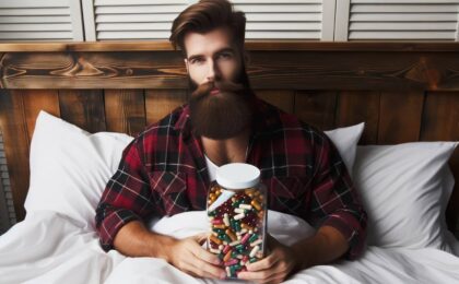 Man laying in bed holding large jar of sleep vitamins