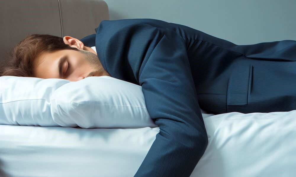 Man in a suit, sound asleep, laying on top of a bed.