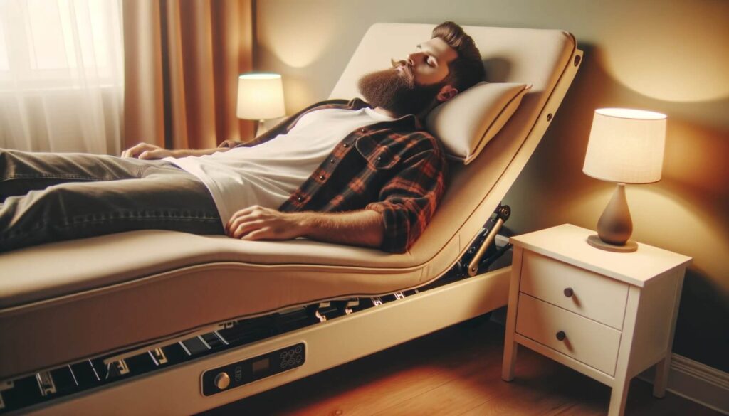 man lying on an adjustable bed with lamps on