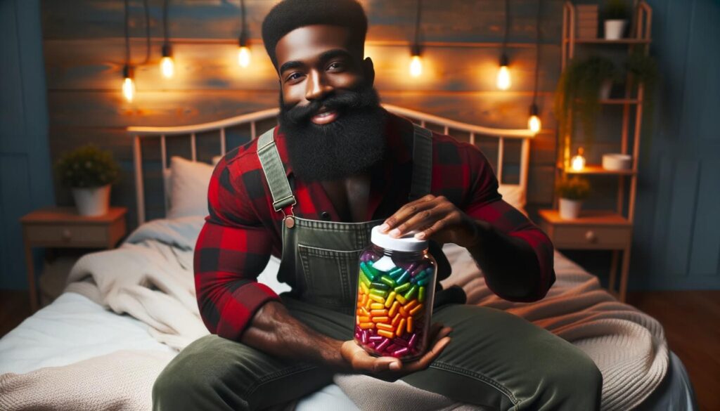 Man sitting on the end of his bed with a large jar of sleep vitamins