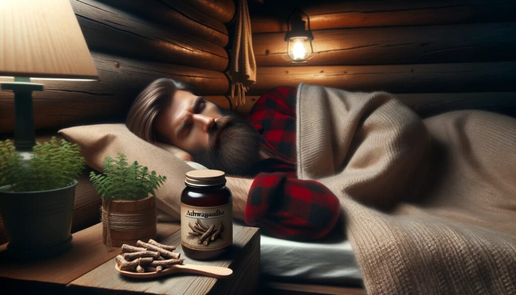 A bottle of Ashwagandha on a night stand while a man sleeps in the background.