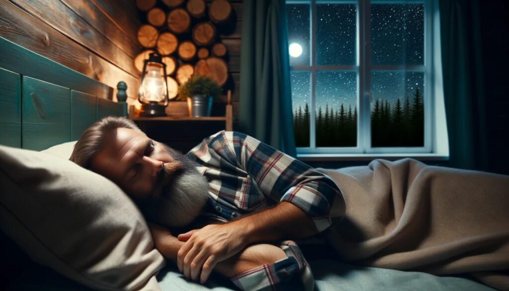 Man sleeping in a log cabin