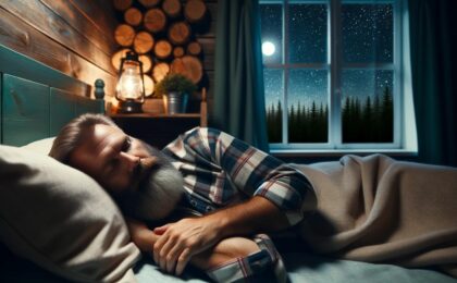 Man sleeping in a log cabin