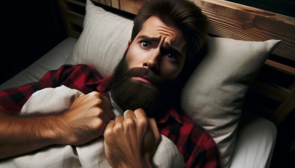 nervous looking lumberjack laying in bed