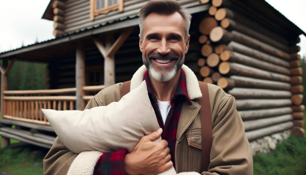 smiling lumberjack standing outside of a log cabin while holding a pillow