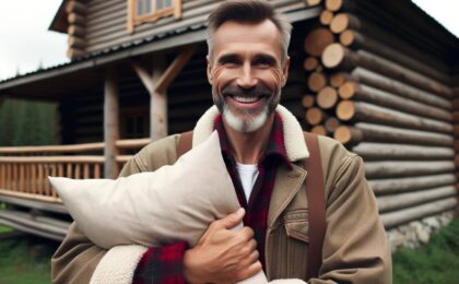 smiling lumberjack standing outside of a log cabin while holding a pillow