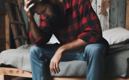 Tired and stressed man sitting on the end of his bed