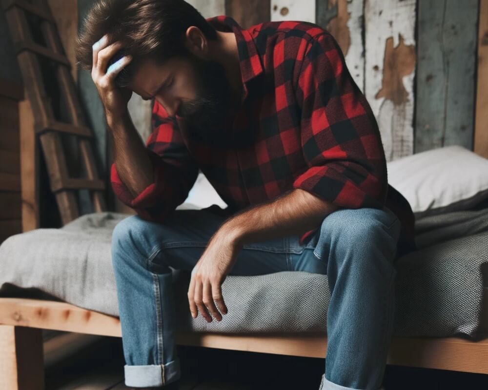 Tired and stressed man sitting on the end of his bed