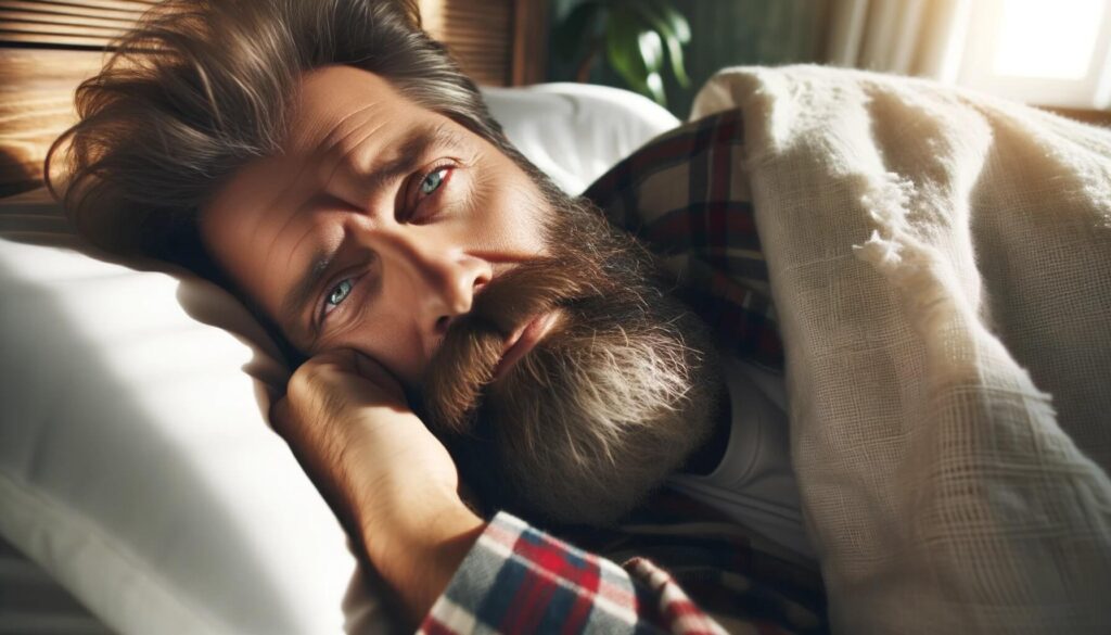 tired lumberjack laying on his side in bed