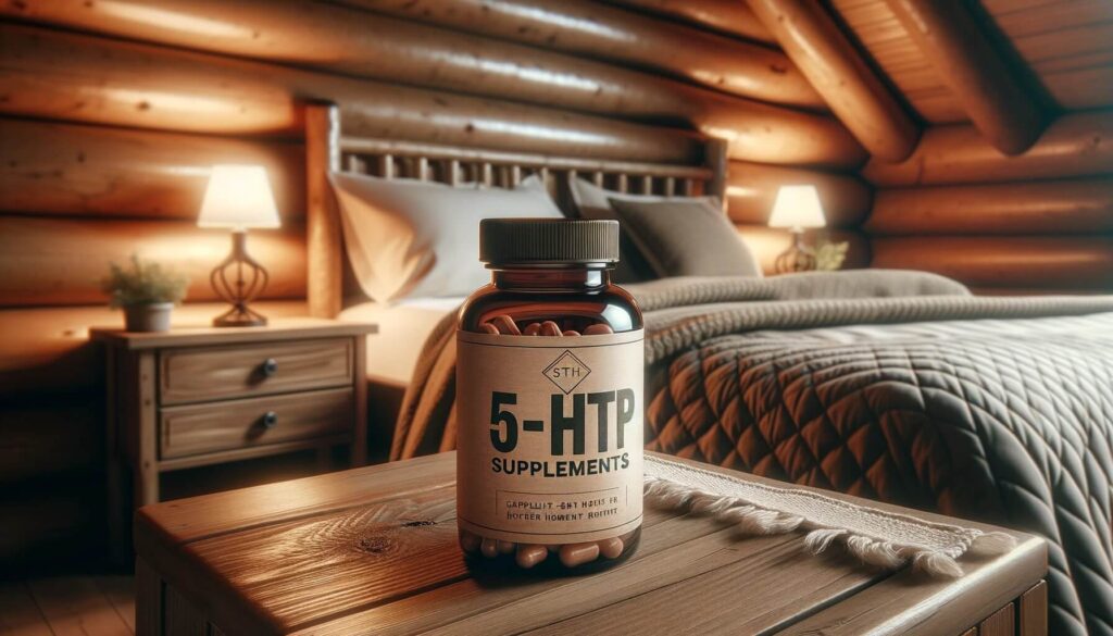 5-htp sleep supplement in a log cabin bedroom