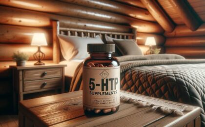 5-htp sleep supplement in a log cabin bedroom