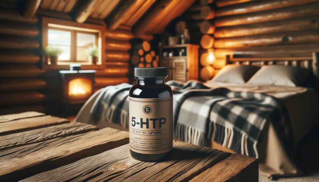 5-HTP sleep supplement in a log cabin bedroom