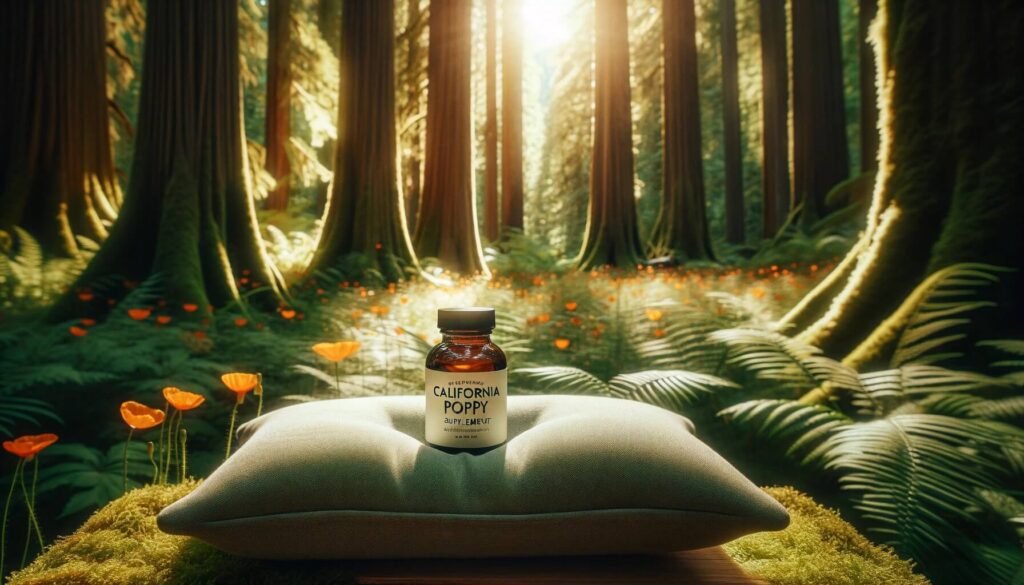 California Poppy sleep supplement on a pillow in the forest