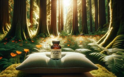 California Poppy sleep supplement on a pillow in the forest