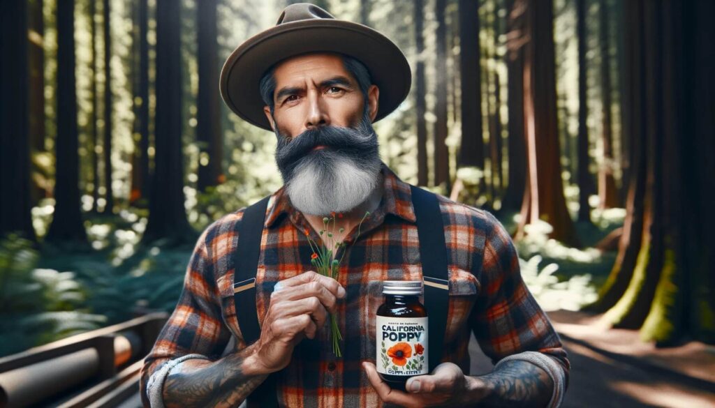 Lumberjack holding a bottle of California Poppy sleep supplements