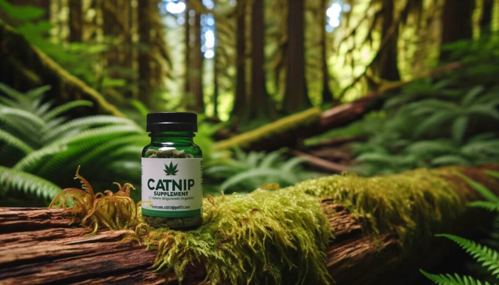 Catnip sleep supplement on a log in the forest